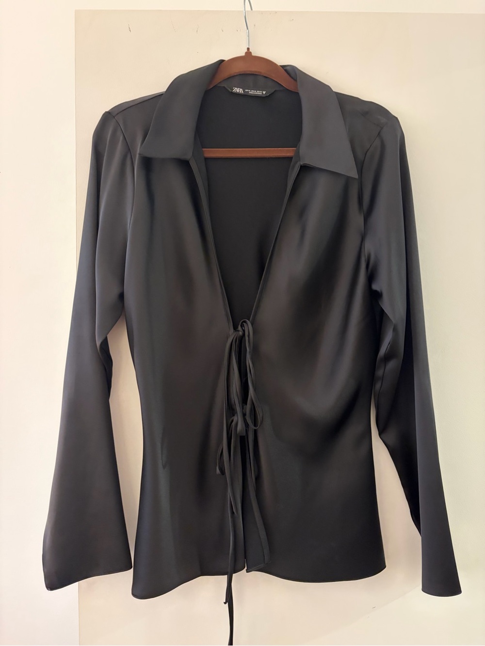 Zara Black Satin Tie-Front Blouse